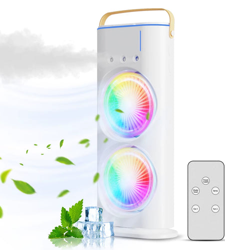BreezeGlow™ 2-in-1 Dual Mist Cooling Fan – Chill, Hydrate & Light Up Your Space